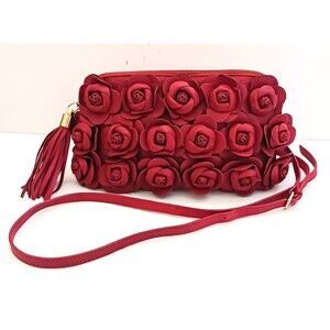 Clever Carriage Company Red Leather Crossbody 3D Rose Bouquet Leather Trim